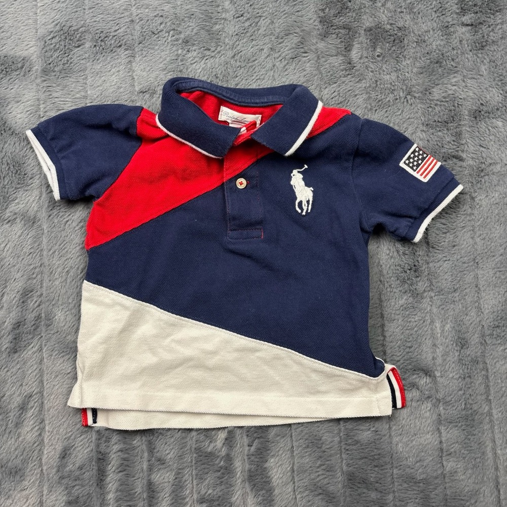 Ralph Lauren Baby Boy Navy Red White Colorblock Big Pony Polo Shirt 18M